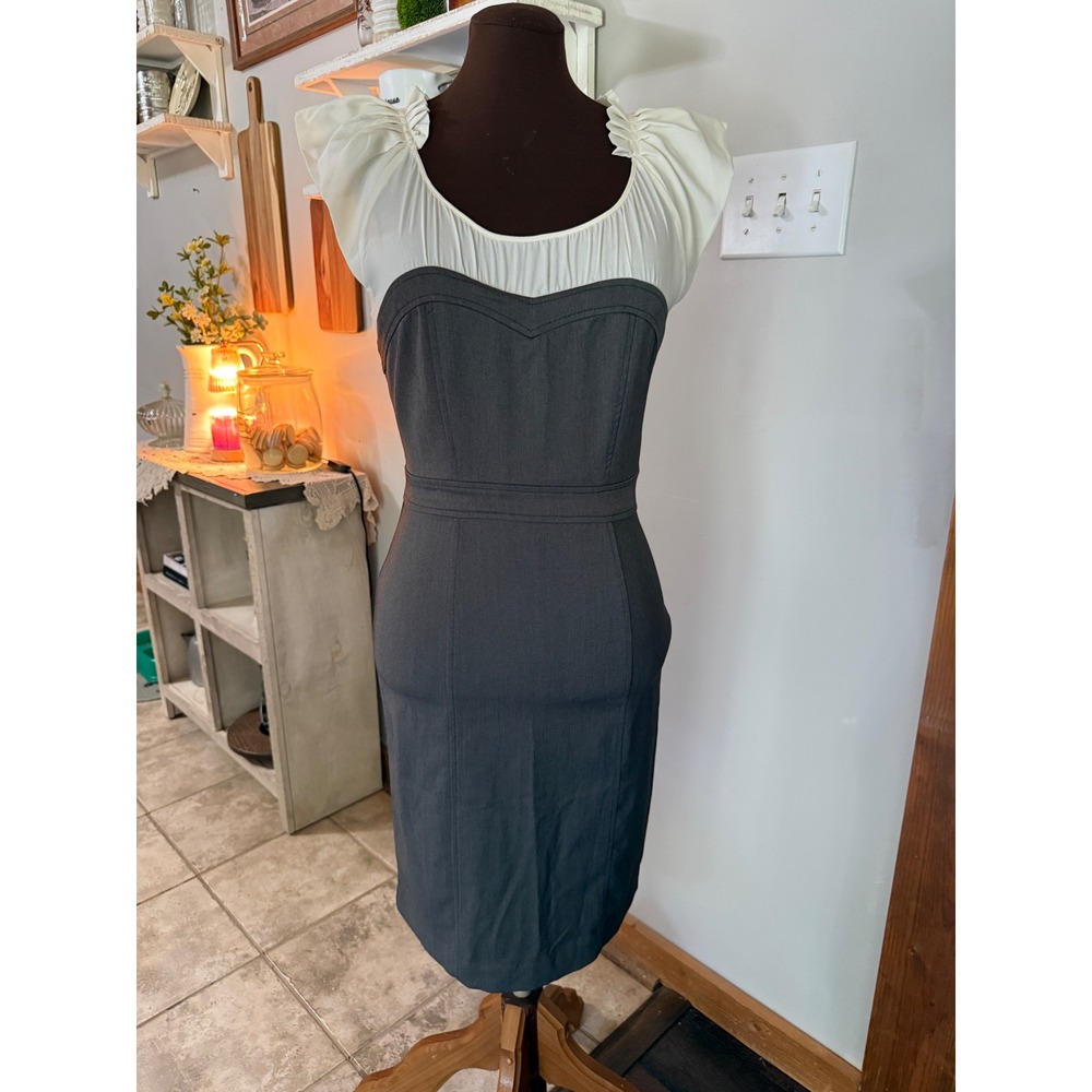 Y2K‎ Venus Dress 4 Grey Cream Ruffle Sweetheart Neck Pencil dress office chic